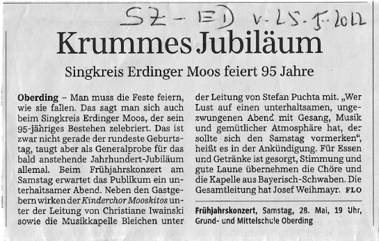 Singkreis gibt Frühlingskonzert 95. Jubiläum